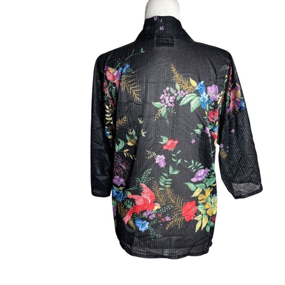 Vintage 70s Teddi Of California Kimono Style Top Size Small Black Floral Bird - Picture 4 of 7
